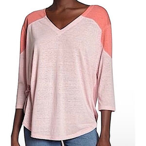 Women's Free People Pink Coral V-Neck Long Sleeve Tee color block top XS